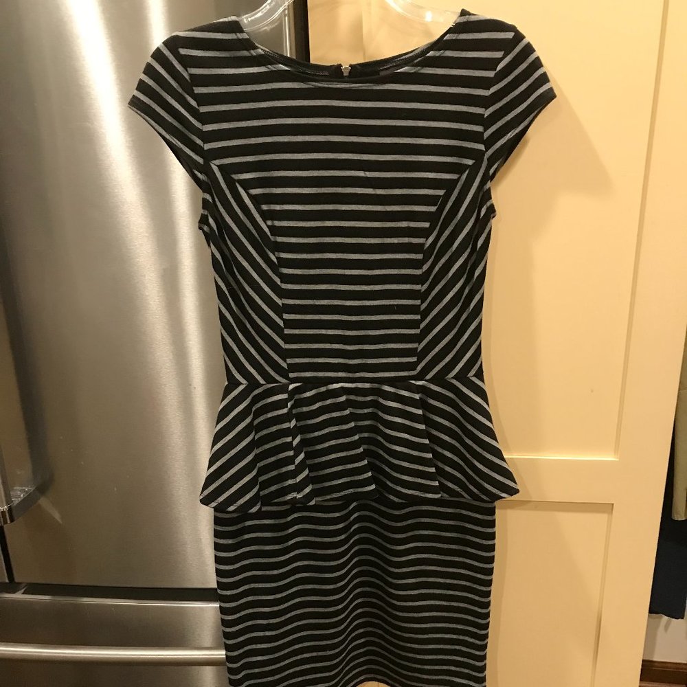 Mossimo Goth Peplum Sheath Dress Black Grey Striped XS